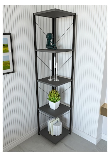 Alpa Ev Mobilya 5 Katlı Kare Raflı Metal Köşe Raf, Dekoratif Kitaplık Ve Modern Saksılık Antrasit