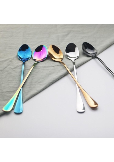 6 Adet Altın Çatal Bıçak Kaşık Seti Paslanmaz Çelik Uzun Saplı Kaşık Gümüş Tatlı Dondurma Kahve Kaşığı Karıştırma Çay Kaşığı Yemek Takımı Altın