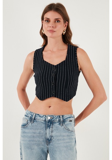 Lela Slim Fit Kalp Yaka Düğmeli Kalın Askılı Crop Bayan Yelek 5865497 Lacivert Çizgili