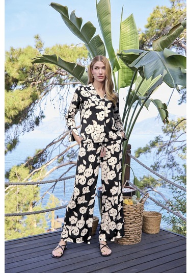 Monamise Kadın Desenli Önü Düğmeli Uzun Kollu Gömlek Yaka Alt Üst Takım 25060 Siyah