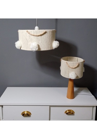 Ekru Makrome Avize Abajur Set Çocuk Odası Avize Bebek Odası Avize Abajur E27 Duy Ekru