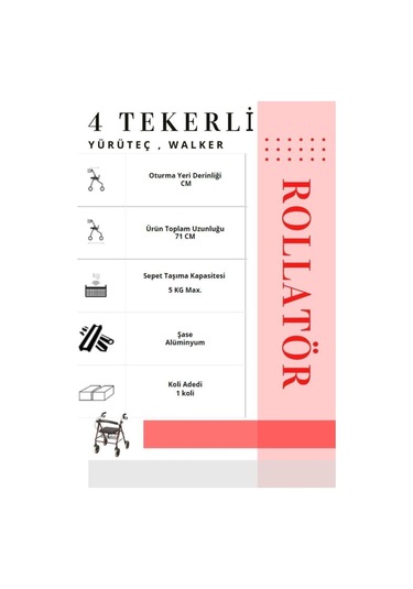Rolatör 4 Tekerli Yürüteç Rollatör Lüx Oturaklı