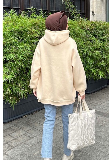 Kapüşonlu Salaş Sweatshirt Krem