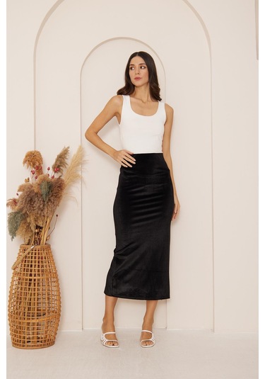 Kadın Siyah Kadife Maxi Boy Etek Dm2026 Siyah