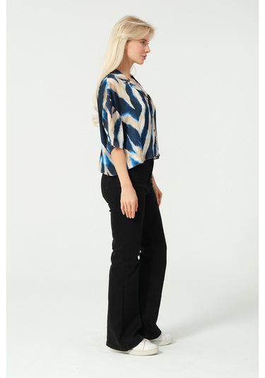 Saten V Yaka Crop Gömlek Multi Lacivert