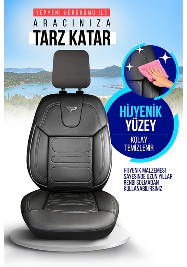 Siyah - Gri Panda Rodos Serisi Deri Ortopedik Oto Koltuk Kılıfı - Tam Set