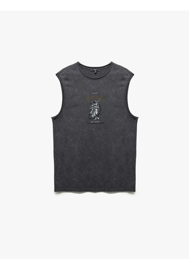 Koton Pamuklu Yıkamalı Bisiklet Yaka Baskılı Kolsuz Tişört Antrasit 5sam30024mk Antrasit