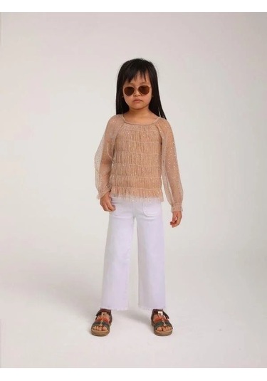 Kız Çocuk Parlak Tül Şık Bluz-14307 Vizon