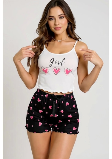 Leyna Kalp Desenli Askılı Şortlu Pijama Takımı Siyah