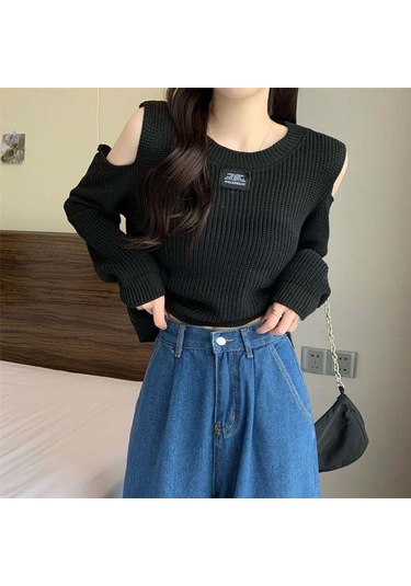 Siyah Tasarım Duygusu Sonbahar Kış Kazak Kazak Triko Kadın Kapalı Omuz Astar Dışında Giyin İnce Tasarım Üst Siyah