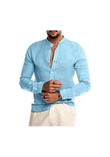 Açık Mavi Erkek Pamuklu Keten Uzun Kollu Henley Gömlek Rahat Bol Düğmeli Üstler Tişört Açık Mavi