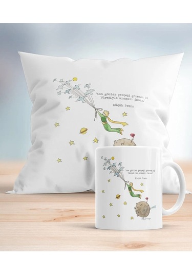 Küçük Prens Baskılı Hediyelik Yastık Ve Kupa Seti Beyaz
