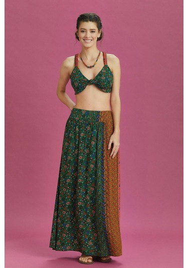 Çiçek Desenli Arka Bel Lastikli Derin Yırtmaçlı Etek 001