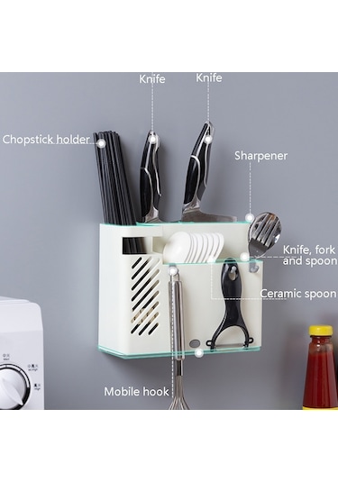 Duvara Monte Çok Fonksiyonlu Kaşık Bıçak Tutucu Gri