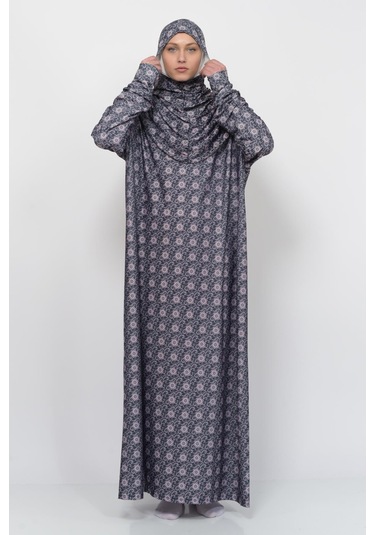 Pratik Tek Parça Güneş Desenli Kollu Tak Çıkar Başörtülü Likralı Tesettür Namaz Elbisesi 990-0302 Siyah
