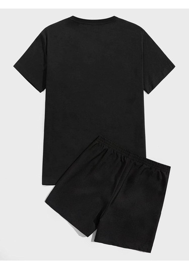 Ayıcık T-shirt Şort - Siyah Alt Üst Kombin Şort Tişört Takım Baskılı Oversize Bisiklet Yaka Siyah