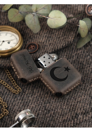 Vagave Gri Renk Hakiki Deri Kılıflı Zippo Benzinli Çakmak