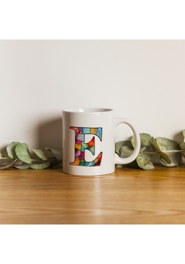 E Harfi Bardak 330 Ml İsme/harfe Özel Hediye, Renkli Harf Tasarım Beyaz