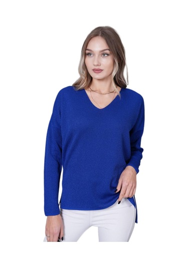 Kadın V Yaka Yaka Simli Kazak 12815 Bgl-st04225 Saks Mavi