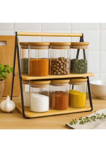 300 Cc Borosilikat 12 Lı Standlı-bambu Kapaklı Baharatlık Seti-7 X 10 Cm Beyaz