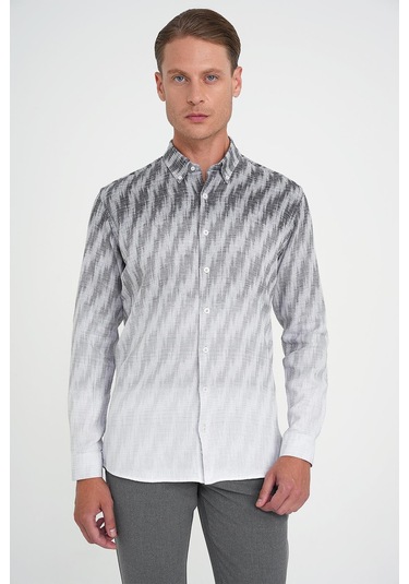 Comfort Fit Pano Desen Düğme Yaka %100 Keten Gri Gömlek G 1594 Gri