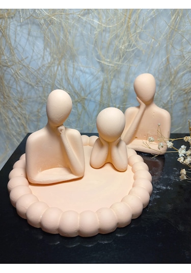 Bubble Yuvarlak Tabakta 3'lü Aile Set Dekoratif Biblo Bej