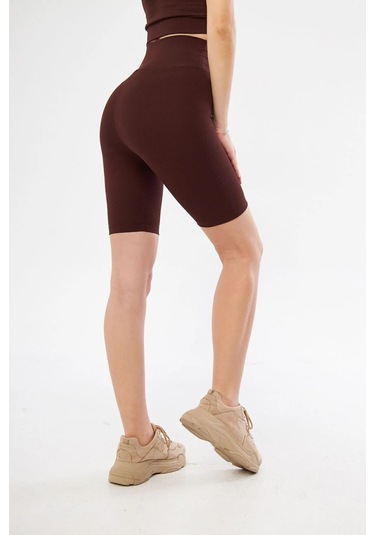 Lesa Wear Fitilli Yüksek Bel Likralı Toparlayıcı Kısa Şort Tayt Kahverengi