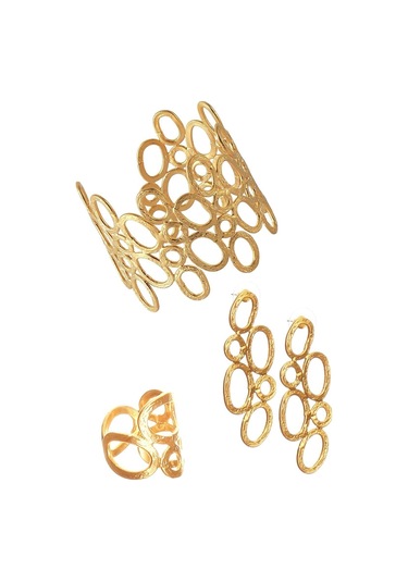 Kadın Mat Altın Kaplama Oval Formlu Tasarım Küpe & Bileklik & Yüzük Seti Altın