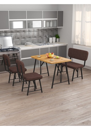 Mygusi Hayat 2 Sandalyeli 1 Bench Mutfak Masa Takımı Atlantik Çam Kahve