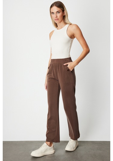 On Kadın Cebi Düğme Detaylı Eşofman Altı 66107 Kahverengi Kahverengi