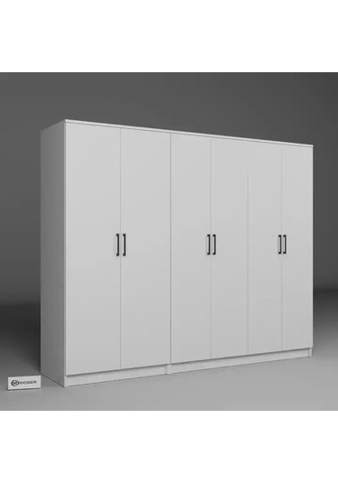 Kardelen Serisi 220 Cm Mat Beyaz 6 Kapılı 9 Raflı Elbise Dolabı - Gardırop Seti Beyaz