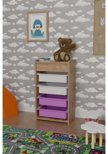 4 Sepetli Çok Amaçlı Oyuncak Dolabı Atlantik Çam Beyaz - Pembe Kahverengi