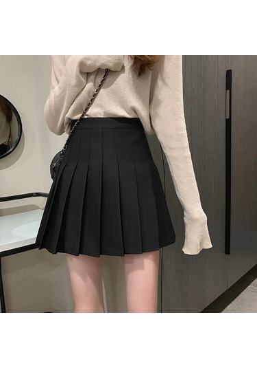 Siyah Yaz Kadın Etek Tarzı Pileli Etek Şık Öğrenci Yüksek Bel A-line Etek Kadın Siyah