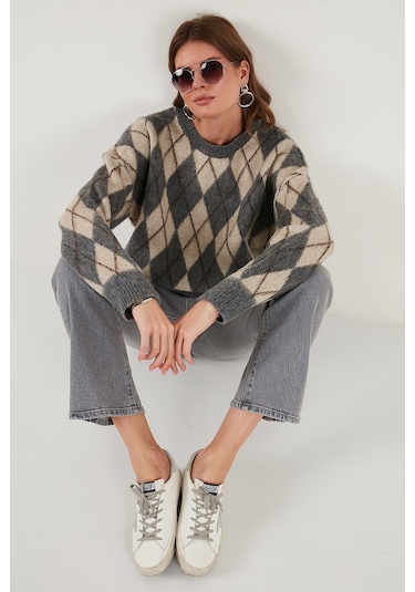 Lela Oversize Fit Bisiklet Yaka Baklava Desenli Yumuşak Dokulu Bayan Kazak 4616223 Gri