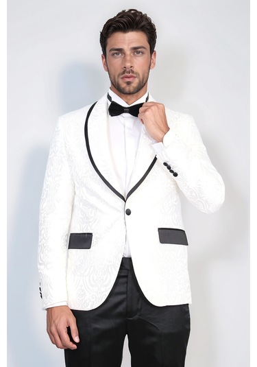 Damask Desenli S Al Yaka Beyaz Smokin - Wessi Beyaz