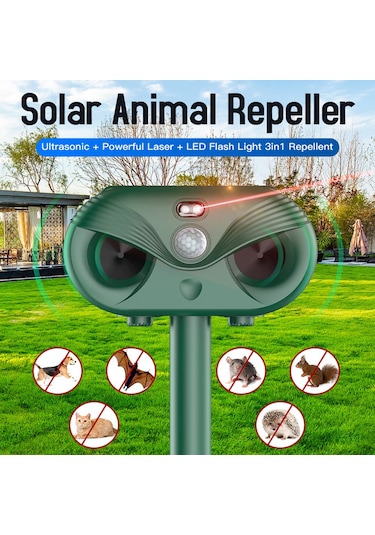 Vkemall Solar Enerjiyle Usb İle Çift Gelişimli, Ultrason+led+lazer Üçlü Hayvan Kovucu - 120 Derece Geniş Açı, 5 Çalışma Modu, Ip54 Su Geçirmez, Yeşil 1200mah Dahili Batarya Yeşil