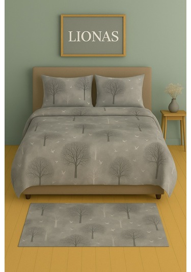 Çift Kişilik Desenli Nevresim + 2 Adet Kapaklı Yastık Kılıfı Koyu Gri