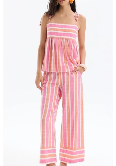 Lolipop Pastel Çizgili Beli Bol Salaş Askılı Rengarenk Yazlık Tatil Pantolon Bluz Takım Pembe