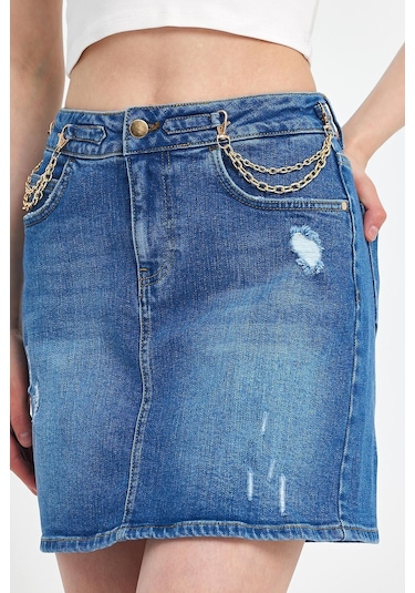 Explode - Kadın Mavi Likralı Yıpratmalı Mini Kot Etek-mavi Mavi