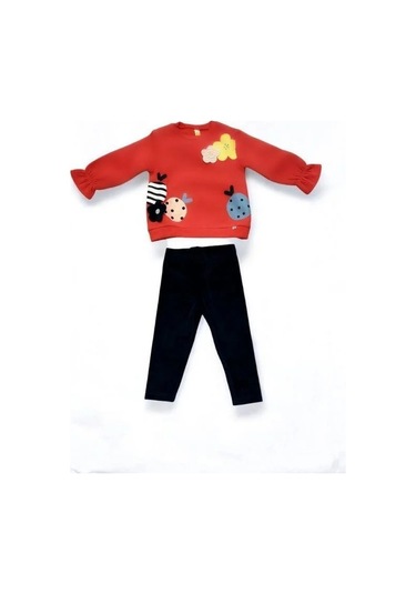 Kız Çocuk Çiçek Desenli İçi Şardonlu Kadife Taytlı Takım-14515 Nar Çiçeği