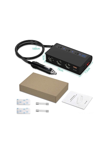 Suofeng 180w Araç Şarj Cihazı - 4 Usb Qc3.0 Dahil 12-24v Giriş, Led Voltmetre Ve Sigara Ateşleyici Fonksiyonu Siyah Lacivert - Turuncu