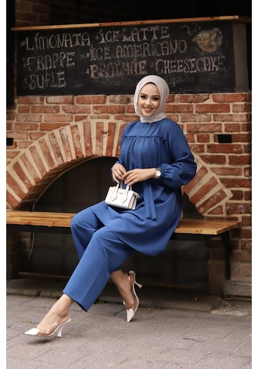 Fırfır Detaylı Tesettür İndigo Takım I Ndigo