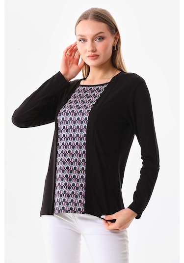 Sistas Kadın Desenli Uzun Kol Bluz 23525 Siyah