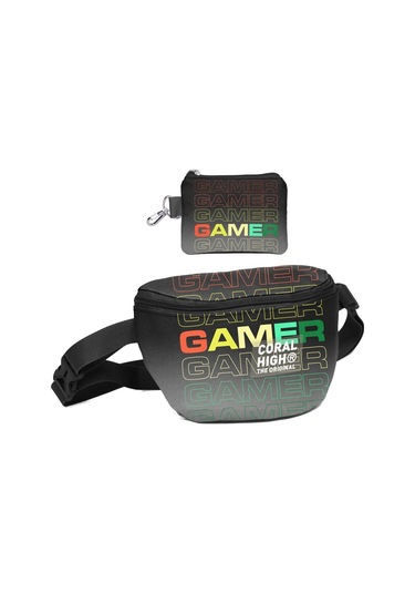 Coral High Erkek Çocuk Siyah Gri Gamer Desenli Bel Çantası Ve Bozuk Para Cüzdanı Set Çok Renkli