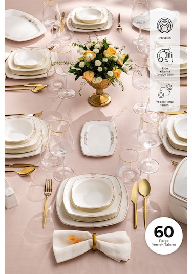 Emsan Bone Yeni Mimoza 60 Parça Yemek Takımı Platin Y.kare