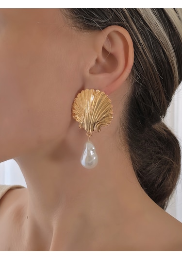 İstiridye Midye İnci Model Sallantılı Vintage Küpe Gold