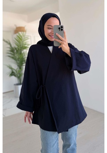 Yandan Bağlamalı Keten Kimono - Lacivert Lacivert