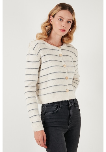 Lela Standart Fit Çizgili Yumuşak Dokulu Crop Triko Bayan Hırka 4615551 Taş
