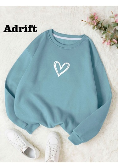 Adrif Minimal Kalp Renkli Oversize Bisiklet Yaka Pamuklu Sweatshirt