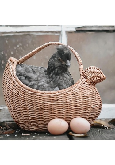 Pazly Suntek Rattan Yumurta Depolama Sepeti Tavuk Şeklinde Rustik Kahverengi Kahverengi